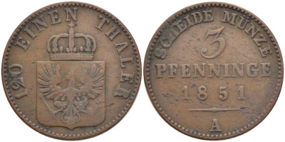 ПРУССИЯ 3 ПФЕННИГА 1851 А, ФРИДРИХ ВИЛЬГЕЛЬМ (1840-1861) KM 453 медь 117-156