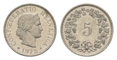Швейцария 5 раппенов 1975 KM 26 медно-никель 4611-1061