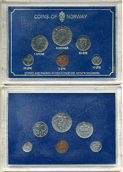 Норвегия набор из 6 монет 1980 Улаф V, в пластике KM MS 35 UNC 4-4-1-14