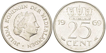 Нидерланды 25 центов 1969 Юлиана (1948-1980) KM 183 никель 214-954