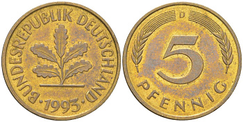 Германия 5 пфеннигов 1993 D KM 107 сталь плакированная латунью 4613-1231