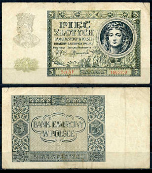 Польша 5 злотых 1941 эмиссионный банк в Польше (немецкая оккупация) Pick 101 бумага 8607-84-3-1