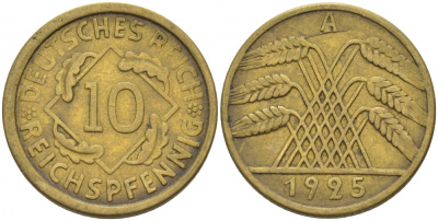 ГЕРМАНИЯ 10 РЕЙХСПФЕННИГОВ 1925 A KM 40, J.317 алюминиевая бронза 110-246