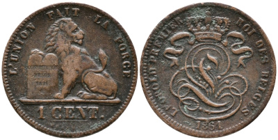 БЕЛЬГИЯ 1 САНТИМ 1861 KM 1.2 медь 100-456