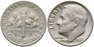 США 10 ЦЕНТОВ = 1 ДАЙМ 1972 РУЗВЕЛЬТ KM 195а медь плакированная медно-никелем 51-5057