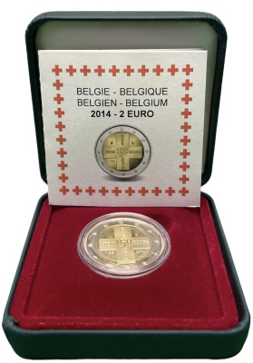 Бельгия 2 евро 2014 150 лет Бельгийскому обществу "Красный крест", тираж 12500 экз., в оригинальной коробке, сертификат KM UC#100 биметалл PROOF 3-4-7-23