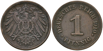 Германия 1 пфенниг 1910 E, Вильгельм II (1888-1918) KM 10, J. 10 медь 4608-163