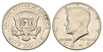 США 1/2 доллара (50 центов) 1974 Джон Кеннеди KM 202b медь плакированная медно-никелем aUNC 4536-515