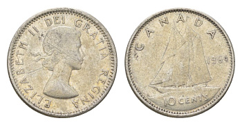 Канада 10 центов 1964 Елизавета II (1952-2022), парусник KM 51 серебро 4623-938