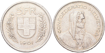 Швейцария 5 франков 1981 KM 40a медно-никель 4367-822