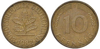 ФРГ 10 пфеннигов 1982 G KM 108, J. 383 сталь плакированная латунью 62-1042