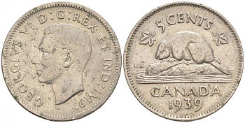 Канада 5 центов 1939 Георг VI (1937-1952), бобр KM 33 никель 73-1135