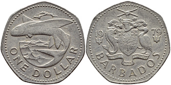Барбадос 1 доллар 1979 летучая рыба KM 14.1 медно-никель 4398-245