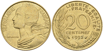 ФРАНЦИЯ 20 САНТИМОВ 1992 ТИП MARIANNE KM 930, LE FRANC 156.33 медь алюминий никель 4573-1054
