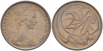 АВСТРАЛИЯ 2 ЦЕНТА 1967 ЕЛИЗАВЕТА II, МОЛОДОЙ ПОРТРЕТ, ПЛАЩЕНОСНАЯ ЯЩЕРИЦА (FRILLED LIZARD) KM 63 бронза 3457-623