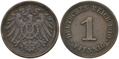 Германия 1 пфенниг 1910 E, Вильгельм II (1888-1918) KM 10, J. 10 медь 4608-163