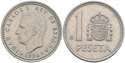 Испания 1 песета 1986 M, Хуан Карлос I (1975-2014) KM 821 алюминий 4402-332