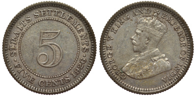 Стрейтс-Сетлментс 5 центов 1926 Георг V (1910-1936) КМ 36 серебро 53-551
