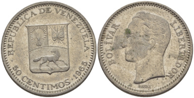 Венесуэла 50 сентимо 1965 Симон Боливар KM 41, Schon 51 никель 31-514