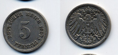 ГЕРМАНИЯ 5 ПФЕННИГОВ 1907 E, KM 11, J. 12 медно-никель 84-919