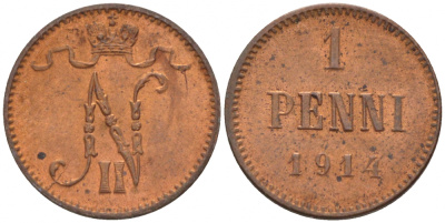 Россия для Финляндии 1 пенни 1914 Николай II (1894-1917) KM 13, Биткин 474 медь 4396-1368