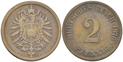 ГЕРМАНИЯ 2 ПФЕННИГА 1876 A, СТАРОГЕРБОВКА KM 2, J. 2, Weege 3 медь 212-626