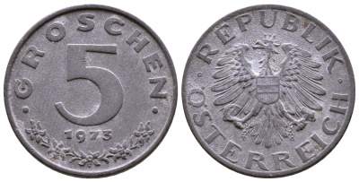 АВСТРИЯ 5 ГРОШЕЙ 1973 КМ 2875 цинк 35-1331