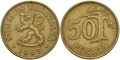 Финляндия 50 пенни 1963 S KM 48 алюминиевая бронза 4187-831
