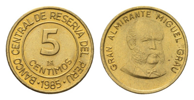 Перу 5 сентимо 1985 год-тип KM 292 латунь UNC 4614-1261