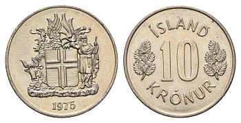 Исландия 10 крон 1975 KM 15 медно-никель UNC 4586-913