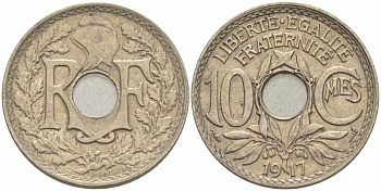 ФРАНЦИЯ 10 САНТИМОВ 1917 ТИП ЛИНДАЙЁ KM 866а, LE FRANC 138.1 медно-никель 108-117
