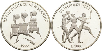 Сан-Марино 1000 лир 1992 XXV летние Олимпийские игры в Барселоне 1992 года, легкая атлетика KM 277 серебро PROOF 1096-4-33