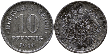 ГЕРМАНИЯ 10 ПФЕННИГОВ 1916 G, KM 20, J. 298 железо 87-1111