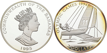 Багамские острова 2 доллара 1995 XXVI Олимпийские игры в Атланте, регата на катамаранах KM 183.2 серебро PROOF 02-078-41