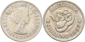 Австралия 1 шиллинг 1957 M, Елизавета II (1952-2022), овца меринос KM 59 серебро 4622-213