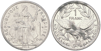 Французская Новая Каледония 1 франк 2014 птица кагу, (IEOM) KM 10, Schoen 10 алюминий 33-225