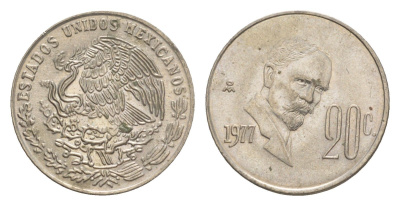 Мексика 20 сентаво 1977 Франциско Индалеси KM 442 медно-никель 4644-646