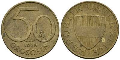 Австрия 50 грошей 1970 KM 2885 алюминиевая бронза 4136-452