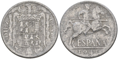 Испания 10 сентимо 1941 Франсиско Франко (1939 - 1975) KM 766 алюминий 4155-222