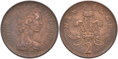 Великобритания 2 пенса 1980 Елизавета II (1952-2022) KM 916, Spink 4235 (C1) бронза 4561-547