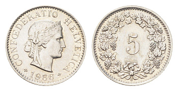 Швейцария 5 раппенов 1966 B KM 26 медно-никель 4705-1256