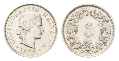 Швейцария 5 раппенов 1966 B KM 26 медно-никель 4705-1256
