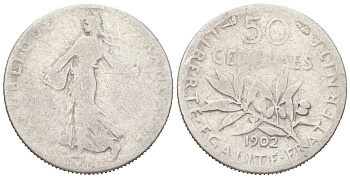 Франция 50 сантимов 1902 KM 854 серебро 4617-752