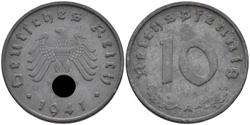 ГЕРМАНИЯ 10 РЕЙХСПФЕННИГОВ 1941 А KM 101, J. 371 цинк 4401-727