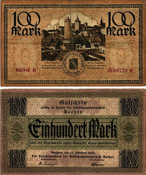 БАУТЦЕН 100 МАРОК 1922 НОТГЕЛЬД, 15 ОКТЯБРЯ 1922, ЗЕМЛЯ САКСОНИЯ Muller 210.1 бумага 6300-34-2-1