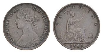 Великобритания 1 фартинг 1869 Виктория (1837-1901) KM 747.2, Spink 3958 бронза 3896-1534