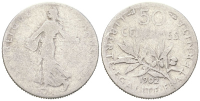 Франция 50 сантимов 1902 KM 854 серебро 4617-752