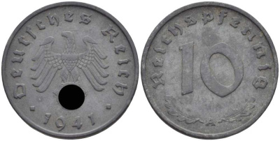 ГЕРМАНИЯ 10 РЕЙХСПФЕННИГОВ 1941 А KM 101, J. 371 цинк 4401-727