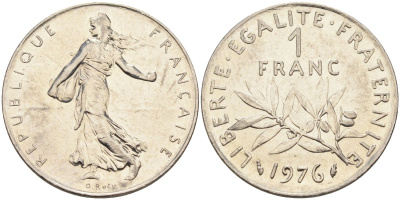 Франция 1 франк 1976 сеятель, тип Semeuse KM 925, Le Franc 226.21 никель 4592-1121