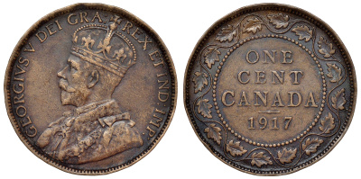Канада 1 цент 1917 Георг V (1910-1936), большой формат KM 21 бронза    4116-721